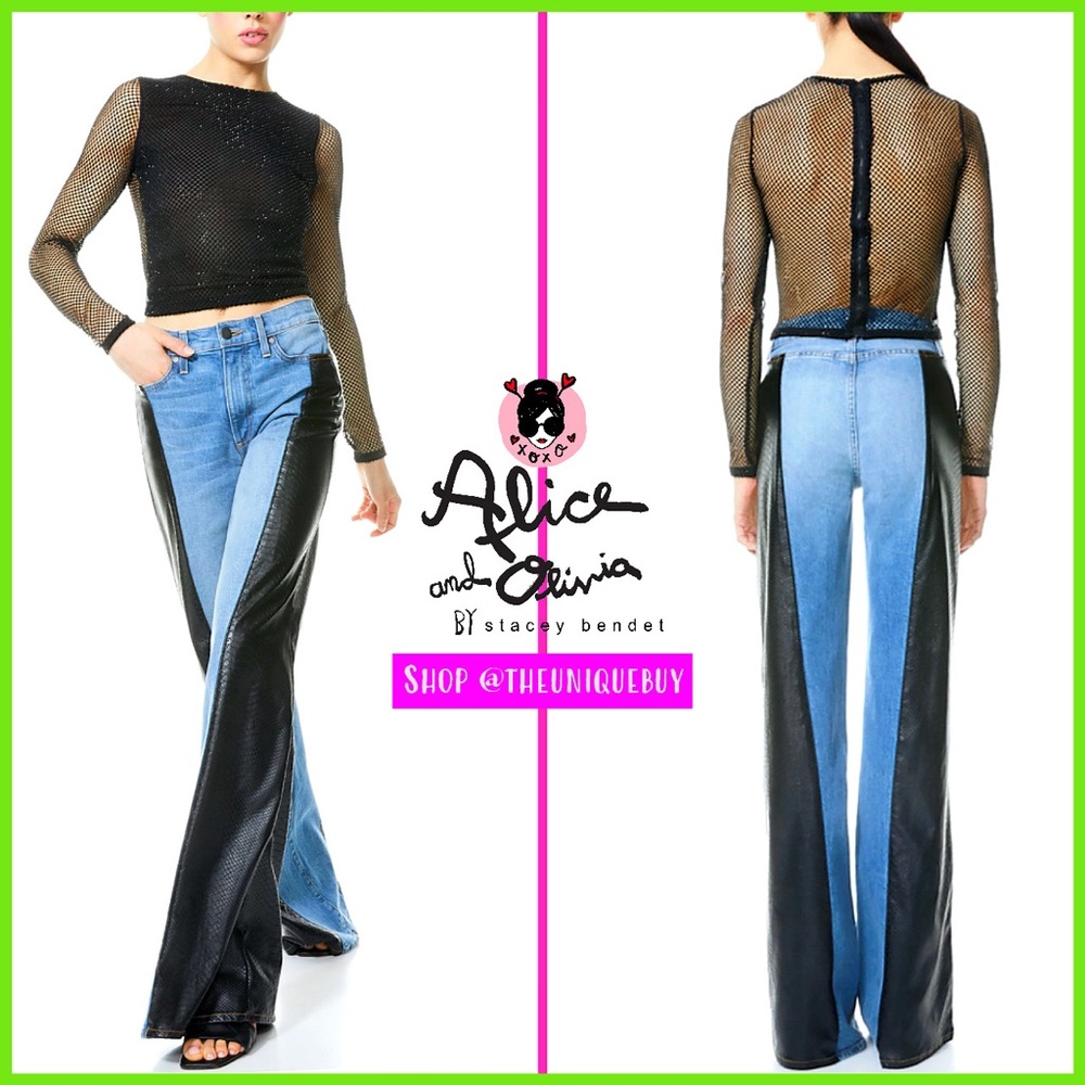 🏷 🆕 Alice + Olivia High Rise Vegan Leather Denim Jean Combo Max Wide Leg Pant - Picture 3 of 17